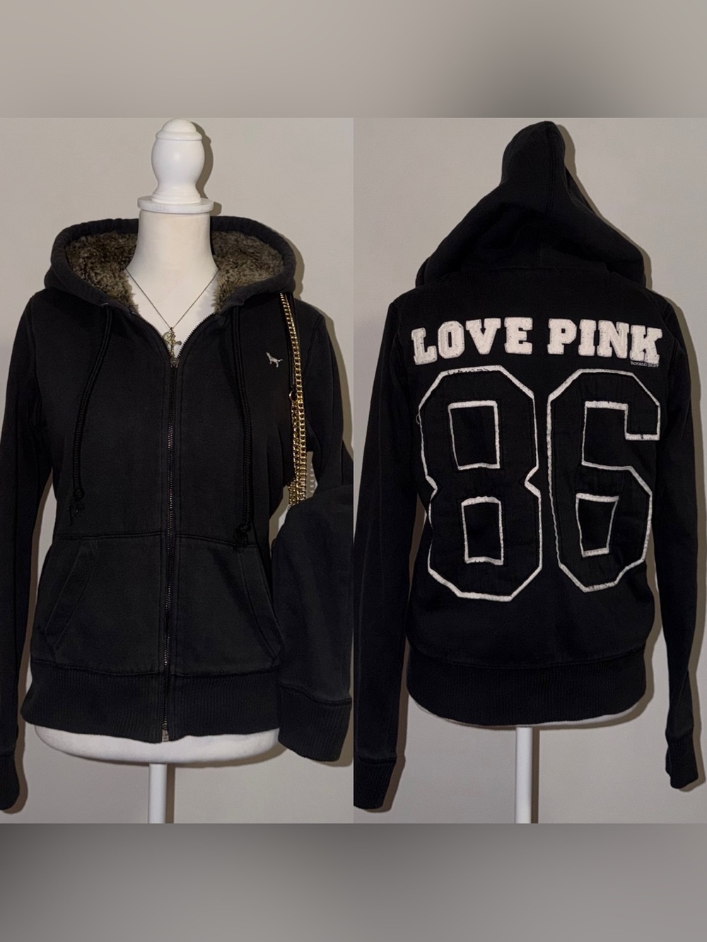 2000s vintage style 2010 victoria secret pink faux fur lined black zip up